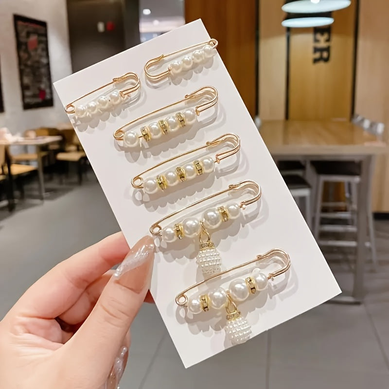 Pearlique - Faux Pearl Safety Pin Brooch Set